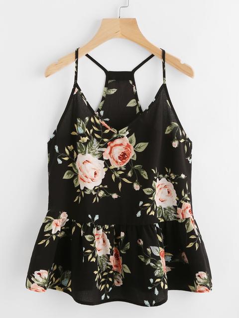 Rose Cluster Print Peplum Racerback Cami Top