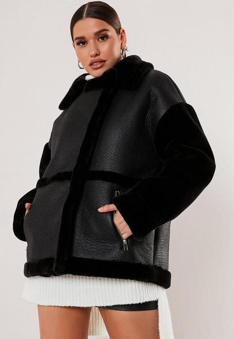 Black faux fur sleeve oversized sales aviator jacket