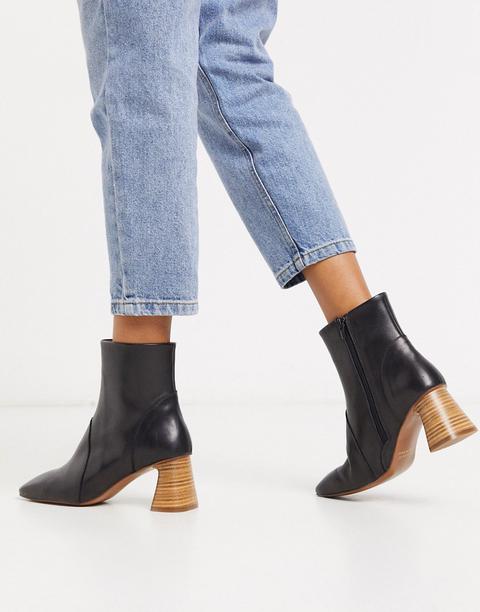 Depp Stacked Heeled Ankle Boots In Black Leather