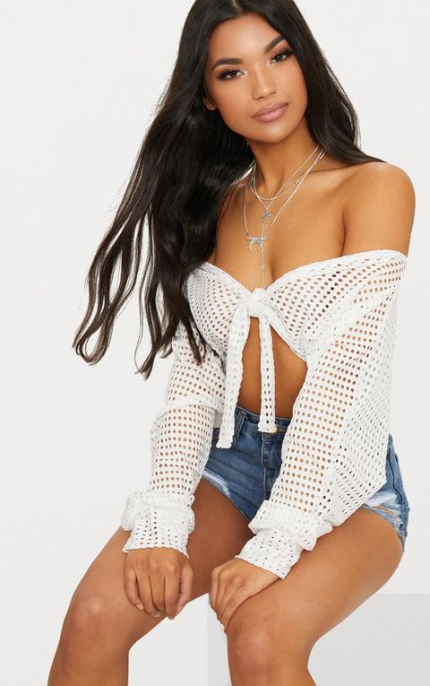 White Fishnet Bardot Tie Front Crop Top