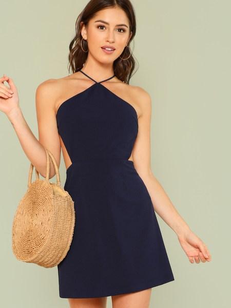 Strapper Back Solid Halter Dress