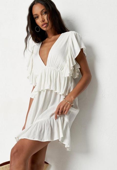 Cream Frill Sleeve Plunge Smock Mini Dress, Cream