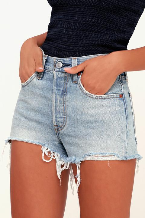 501 Light Blue Distressed Denim Cutoff Shorts