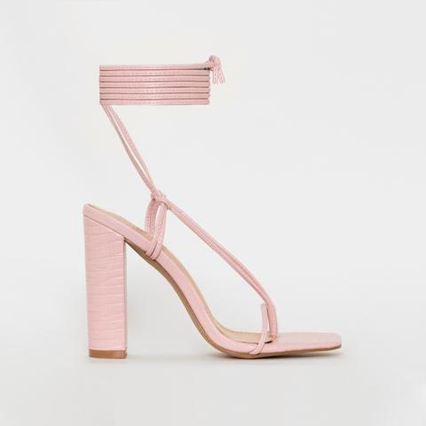 Heera Pink Snake Print Lace Up Block Heels