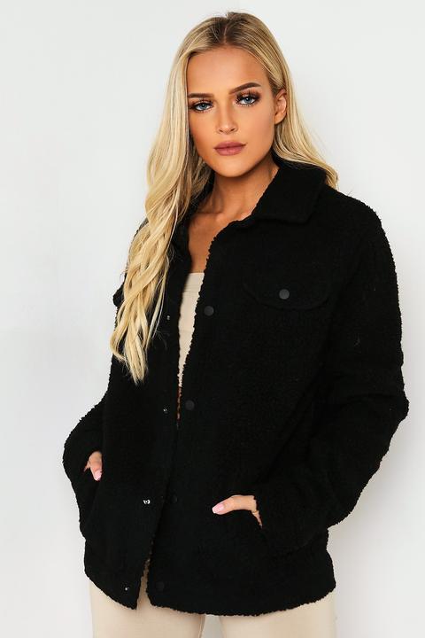 Black Oversized Borg Trucker Coat