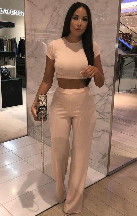 Nude Crop Ribbed Two Piece Co-ord Set - Suzi