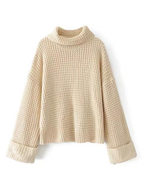 Turtleneck Drop Shoulder Waffle Knit Sweater