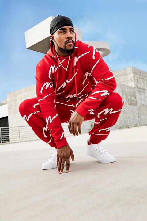 Mens Red All Over Man Print Hooded Tracksuit, Red