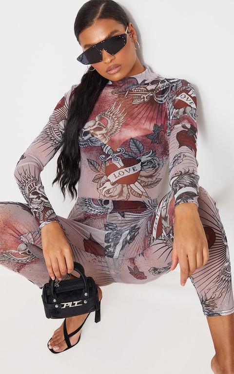 Burgundy Mesh Skull Print Long Sleeve Bodysuit