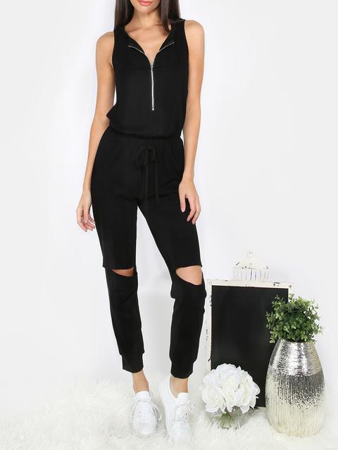 Zipper Front Ripped Knee Jumpsuit