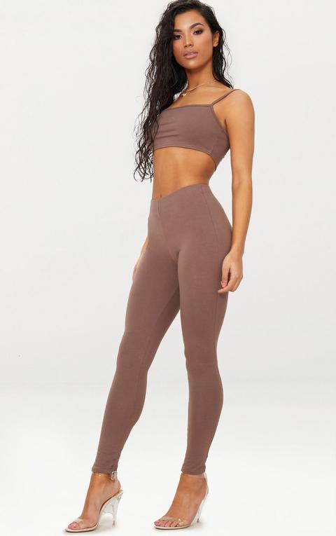 Brown High Waisted Cotton Stretch Leggings, Brown