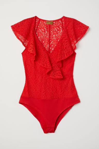 H & M - Body In Pizzo Con Scollo A V - Rosso