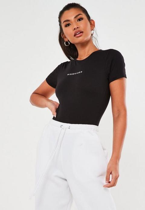 Petite Black Missguided Crew Neck Bodysuit, Black