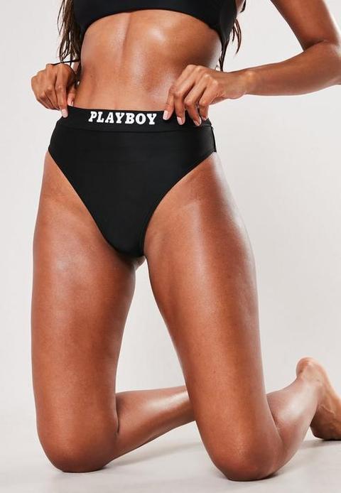 Playboy X Missguided Black Slogan High Waisted Bikini Bottoms, Black