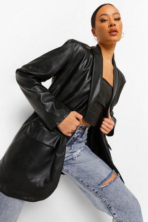 Womens Oversized Leather Look Dad Blazer - Black - 12, Black