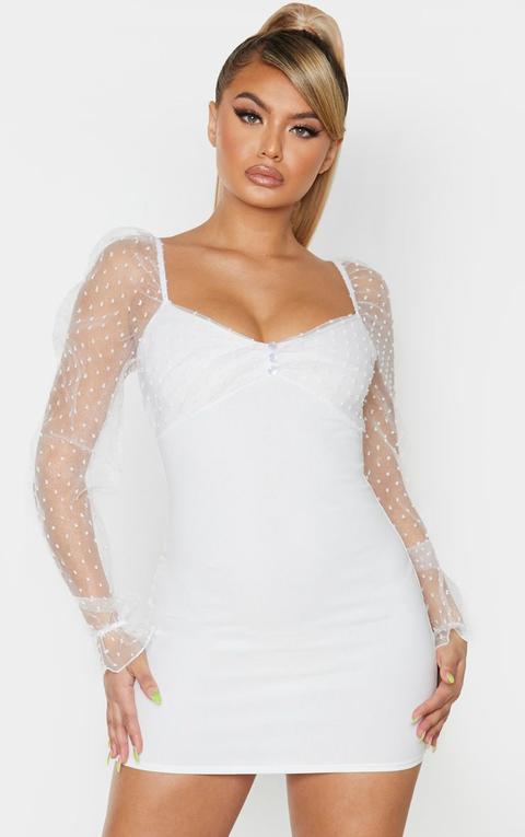 White Dobby Mesh Puff Sleeve Bodycon Dress