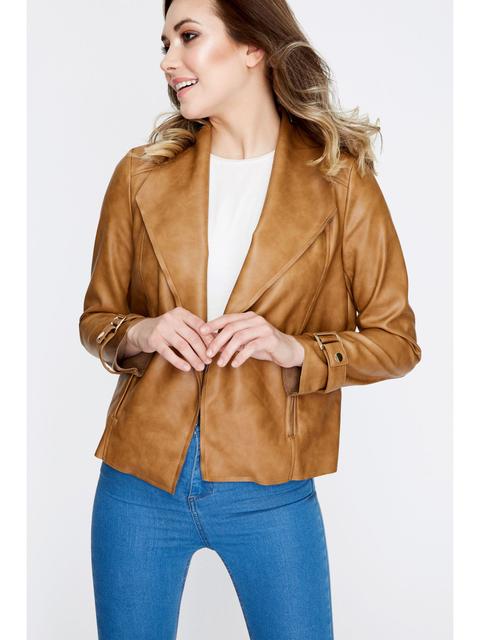 Tan Faux Leather Buckle Waterfall Jacket