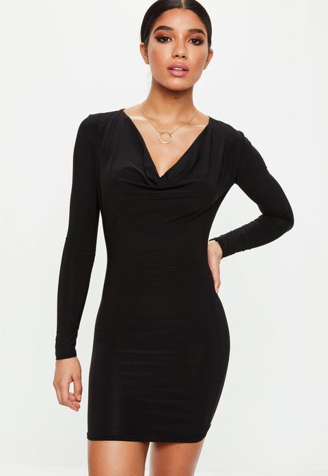 Black Cowl Neck Bodycon Dress, Black