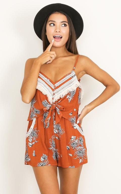 Feathers Away Playsuit In Rust Print