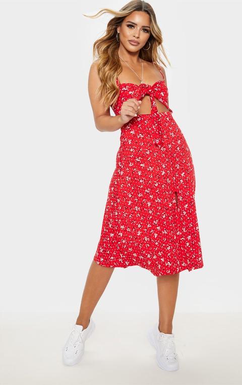 Petite Red Ditsy Floral Tie Front Strappy Swing Dress