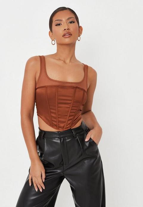 Chocolate Satin Mesh Contrast Corset Top, Brown