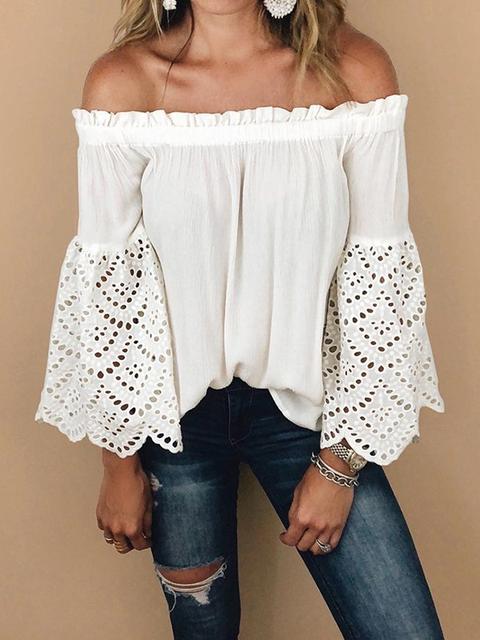 Camicetta Tracolla Di Pizzo Con Balza In Pizzo Manica Lunga Moda Bianco