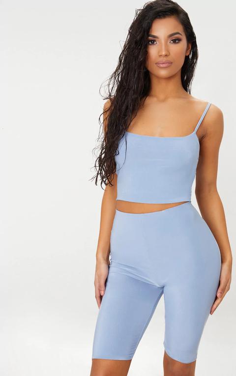 Dusky Blue Slinky Cami Crop Top, Dusky Blue