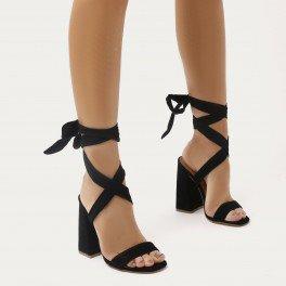 Honesty Lace Up Flared Block Heels In Black Faux Suede