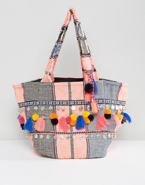 Bolso Shopper De Tejido Con Pompones Y Monedas De Asos Beach