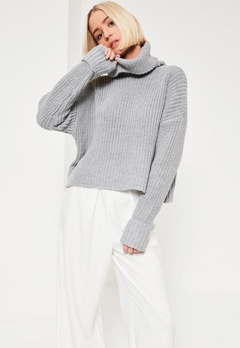 Grey Chunky Stitch Roll Neck Jumper