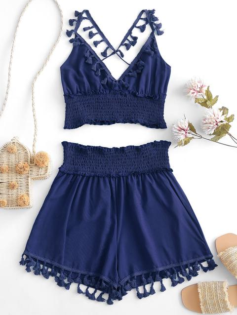 Completo In Due Pezzi Smocked Con Nappe Zaful Yellow Deep Blue Chestnut Red