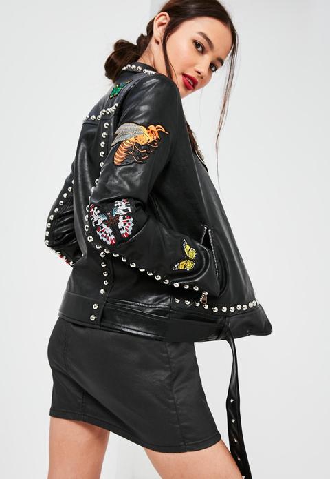 Black Faux Leather Badge Studded Biker Jacket