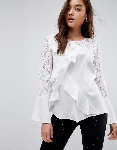 River Island - Bluse Mit Spitzenärmeln Und Rüschen Am Vorderteil - Weiß