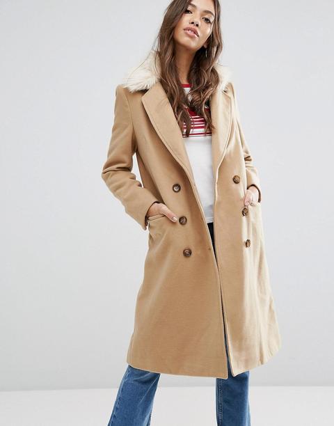 Brave Soul - Ashwich - Cappotto A Doppio Petto Con Colletto In Pelliccia Sintetica - Beige