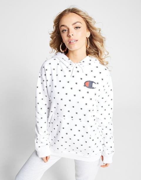 Champion All Over Print Logo Boyfriend Felpa Con Cappuccio Donna - Only At Jd, Bianco