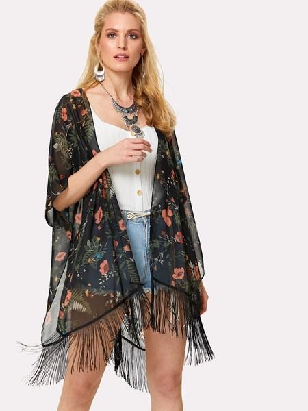 Kimono Con Stampa Di Calze Con Taglio A Frange