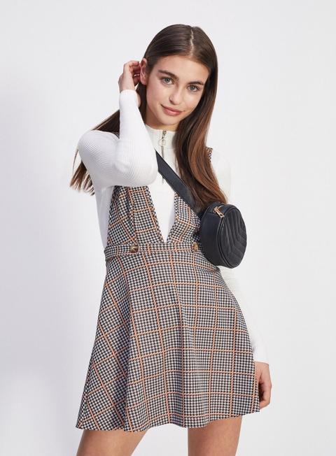 Petite Grey Jersey Check Button Pinafore Dress