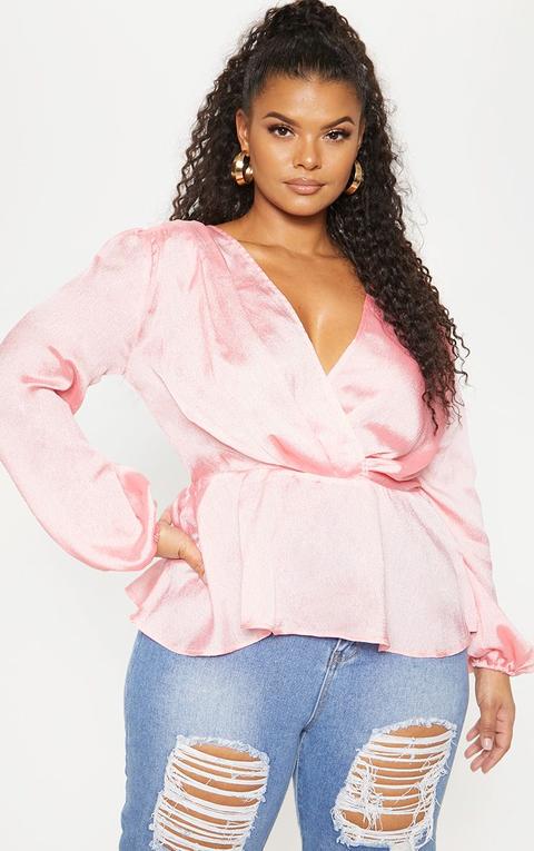 Plus Rose Deep V Wrap Front Long Sleeve Blouse, Pink