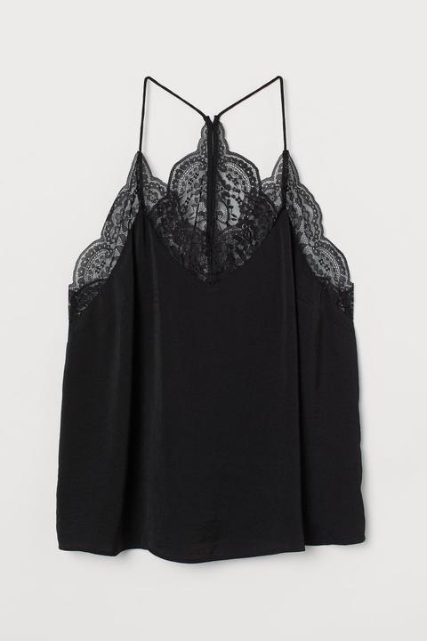H & M+ Lace-detail Satin Top - Black