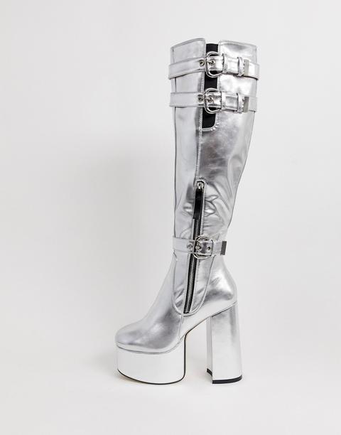 Lamoda Silver Platform Knee High Boots 