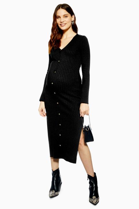 Womens **maternity Button Midi Dress - Black, Black