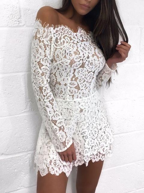 Crochet Lace Off Shoulder Long Sleeve Mini Dress