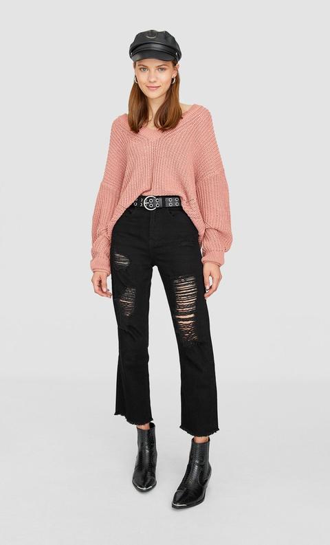 Maglia A V Con Brillanti Rosa Cipria