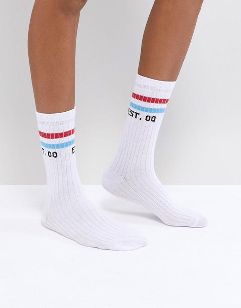 Asos - Calzini Al Polpaccio A Righe Con Scritta - Bianco
