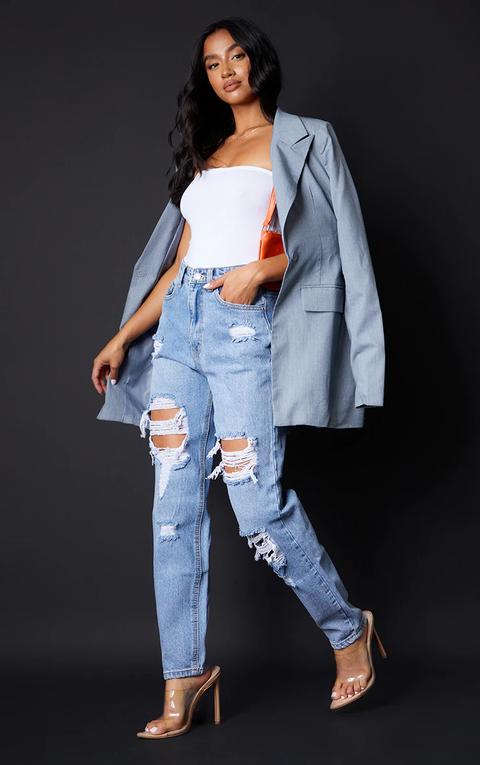 Prettylittlething Petite Light Blue Wash Ripped Mom Jeans