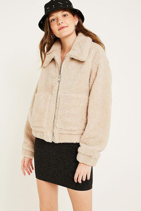 Uo Cream Teddy Crop Jacket