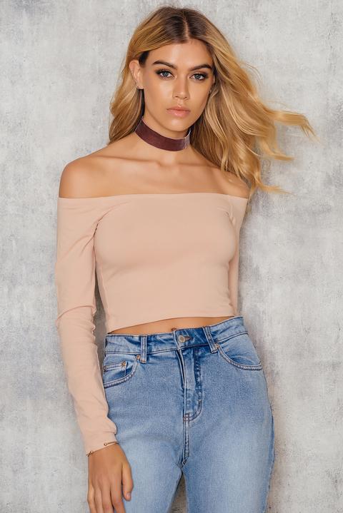 Na-kd Basic Off Shoulder Cropped Jersey Long Sleeve Top - Pink