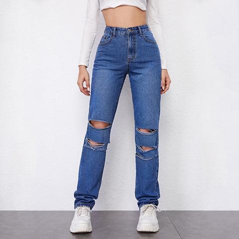 High Waisted Ripped Straight Jeans