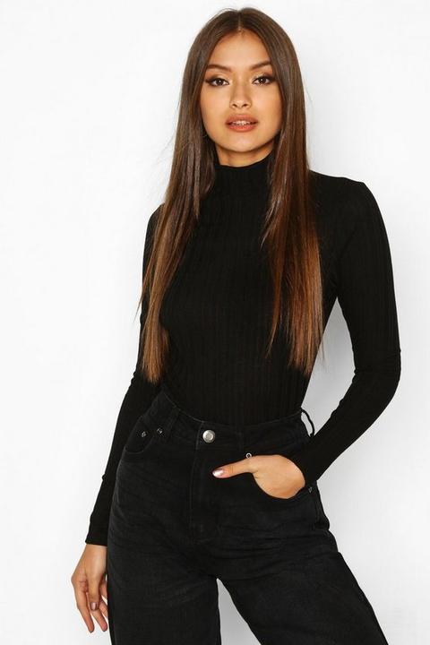 Womens Long Sleeved Roll/polo Neck Rib Top - Black - 14, Black