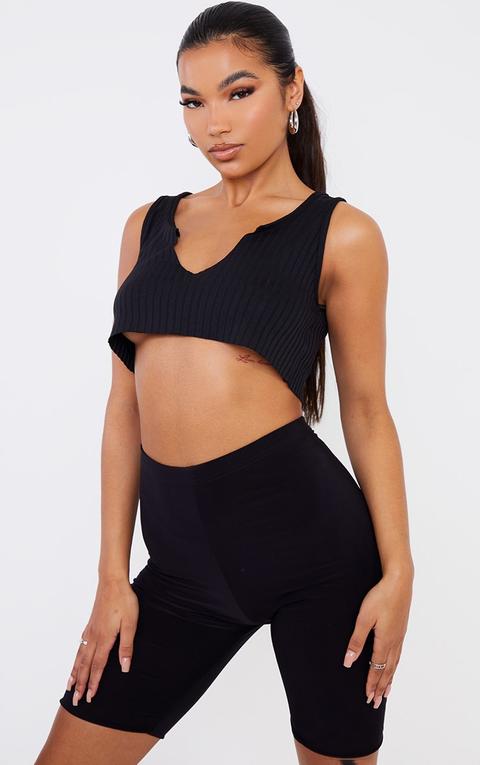 Black Rib Deep V Raw Edge Crop Top